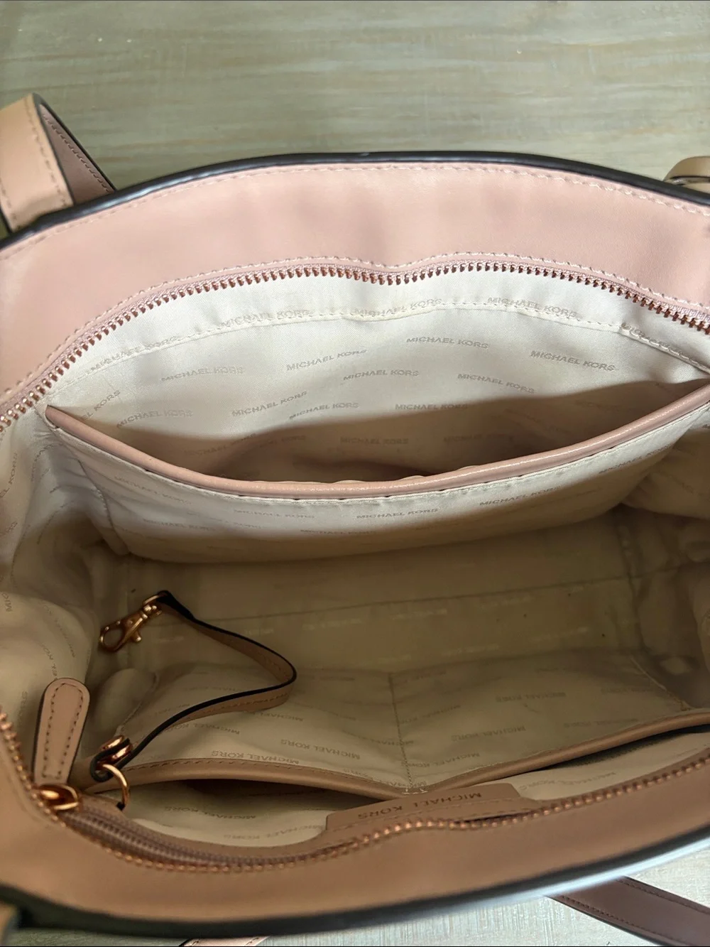 Michael Kors Brown Signature Tote with Pale Pink Trim